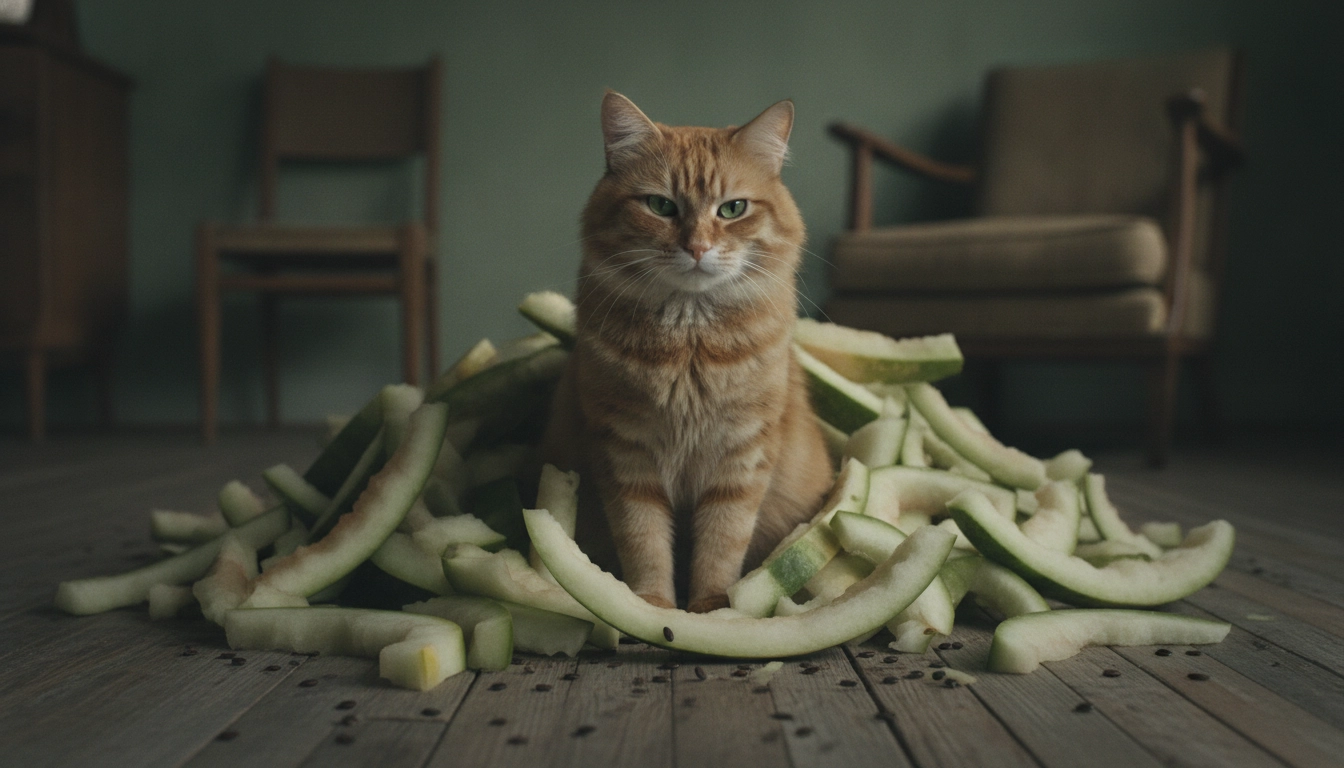 Can Cats Eat Watermelon? Benefits, Risks, And Serving Tips A cat looking skeptical at a large pile of watermelon, representing potential digestive risks.