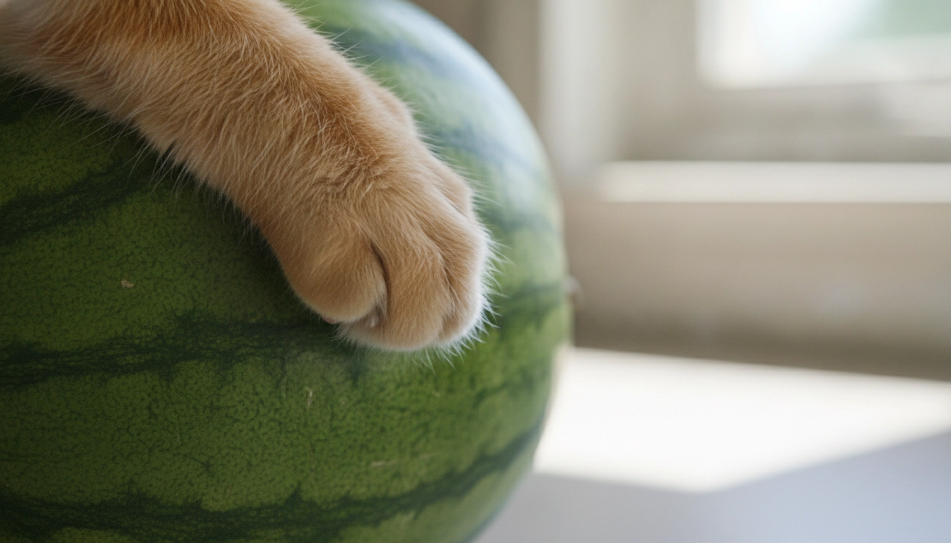 Can Cats Eat Watermelon? Benefits, Risks, And Serving Tips A cat attempting to chew on a hard green watermelon rind, which is a choking hazard.
