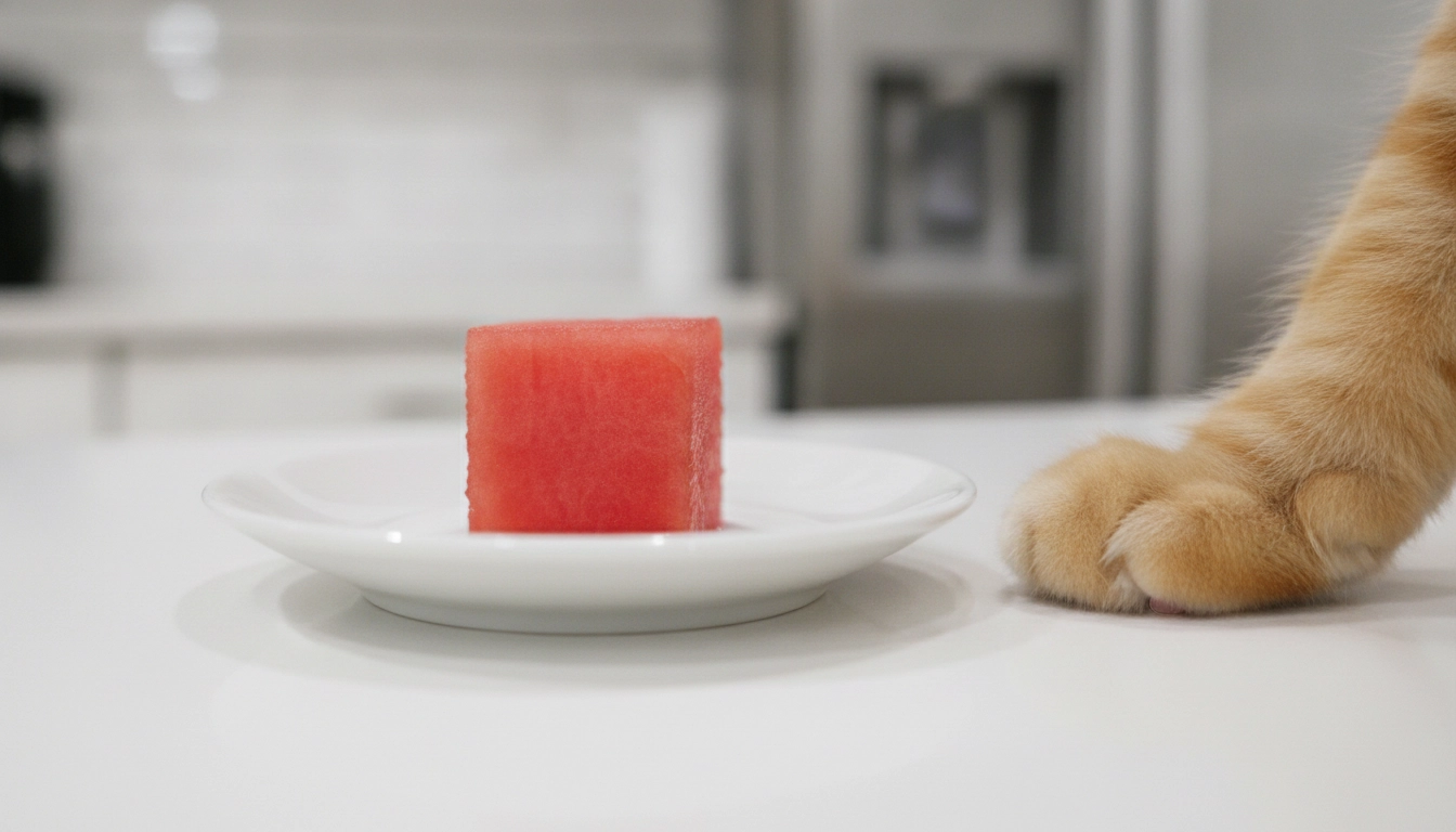 Can Cats Eat Watermelon? Benefits, Risks, And Serving Tips A single one-inch cube of watermelon on a small saucer, showing the correct serving size for a cat.