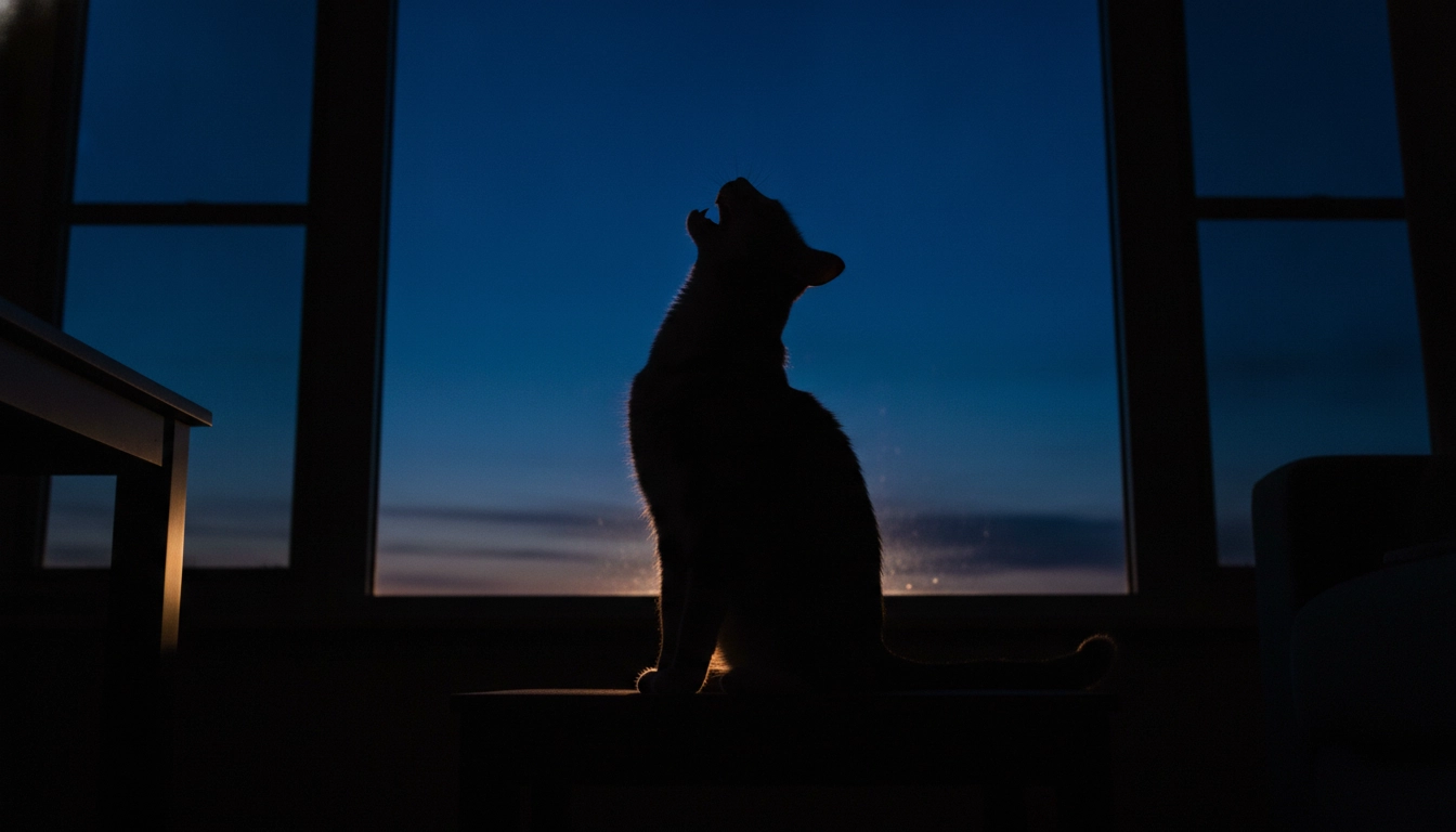 Why Is My Cat Meowing So Much? 12 Common Reasons Explained A cat meowing in low light during its peak energy hours.