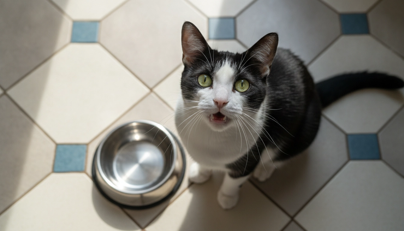 Why Is My Cat Meowing So Much? 12 Common Reasons Explained A hungry cat meowing next to an empty bowl, one of the 12 common reasons explained.
